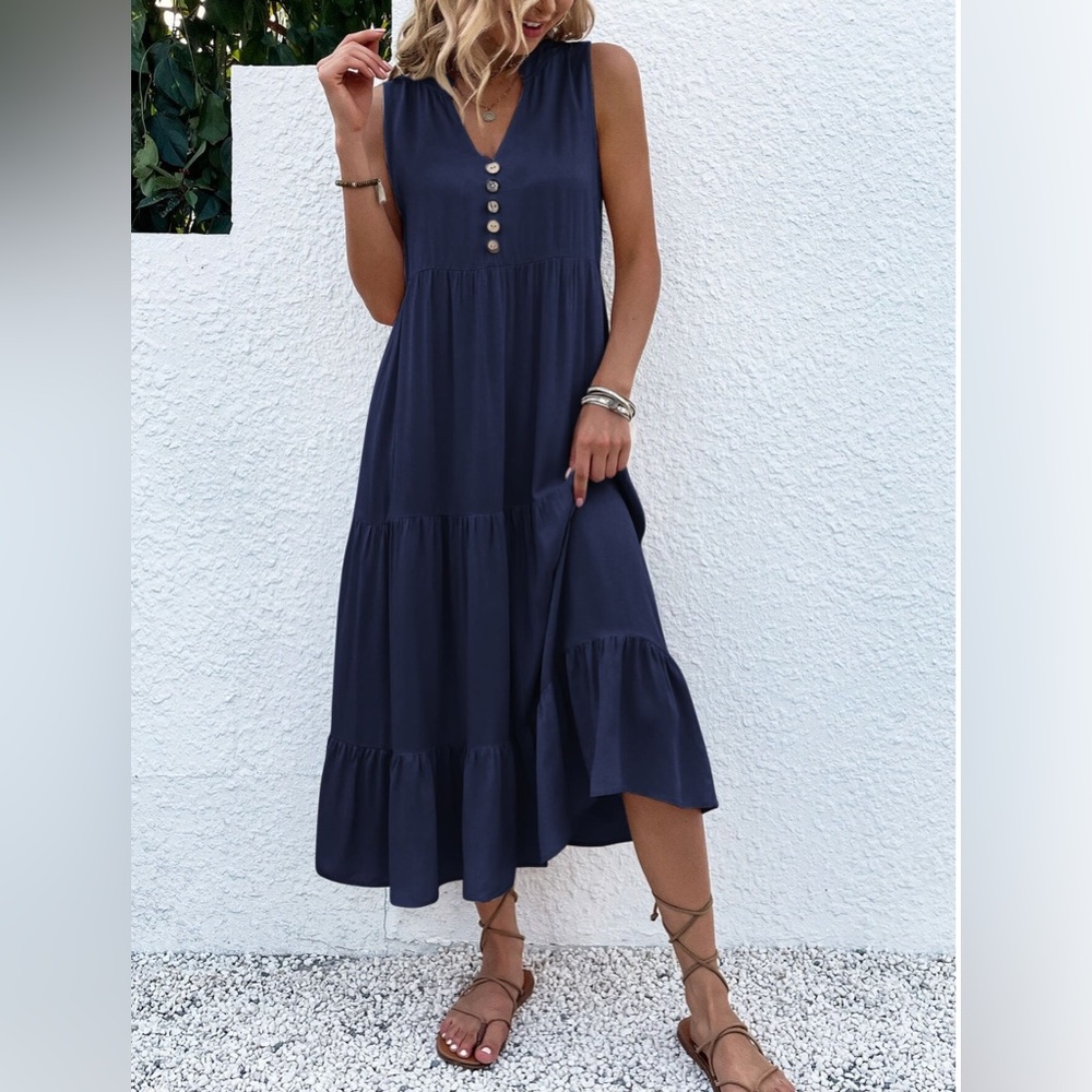 Boho Viscose Button Detail Layered Hem Smock Dress Maxi Blue - Picture 6 of 7